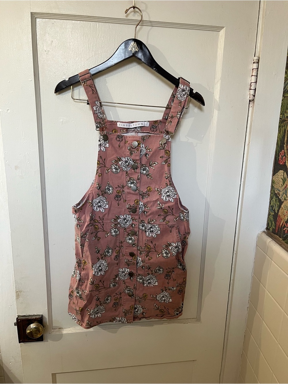 Tinseltown Floral Overall Dress Womens Large Pink Skirtall Button Front Mini EUC